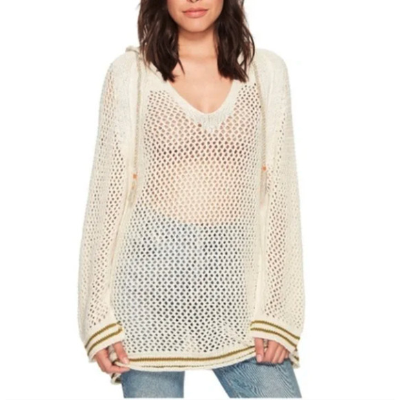 Free People Sweaters - Free People Cream Crochet Boho Shadow Stripe Mesh Hoodie Sweater Size Medium